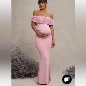 Club London BLUSH PINK MESH FLORAL BARDOT MATERNITY MAXI DRESS